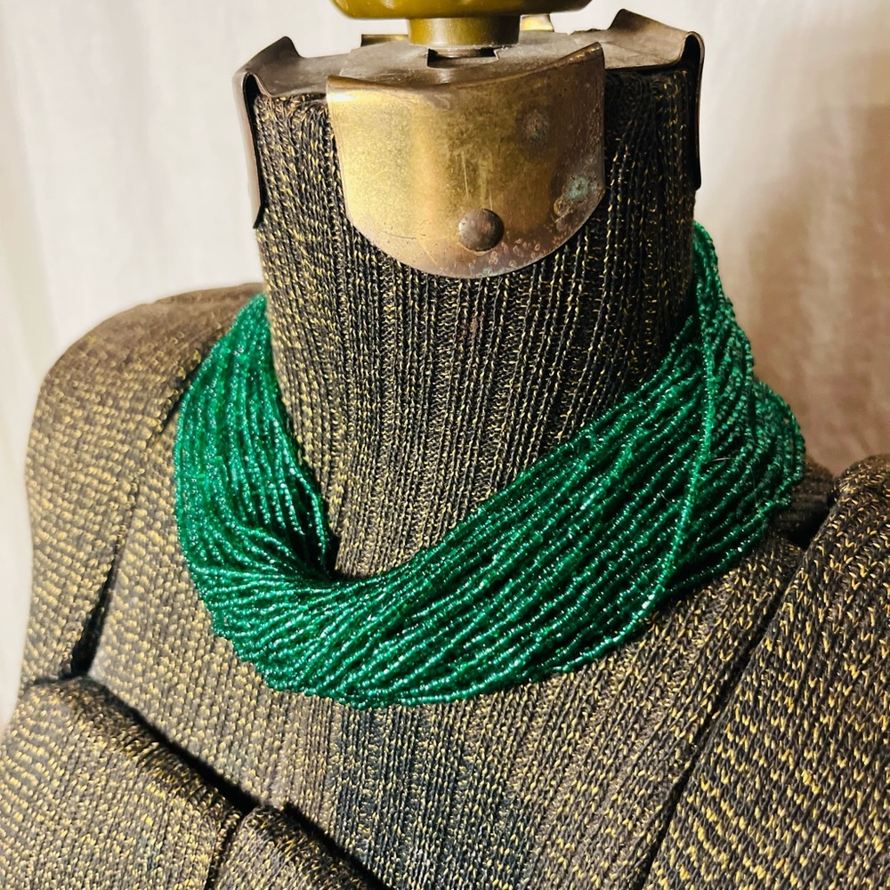 Boho Green Multi Strand Beaded Necklace Crochet Bib Statement Artisan Laos